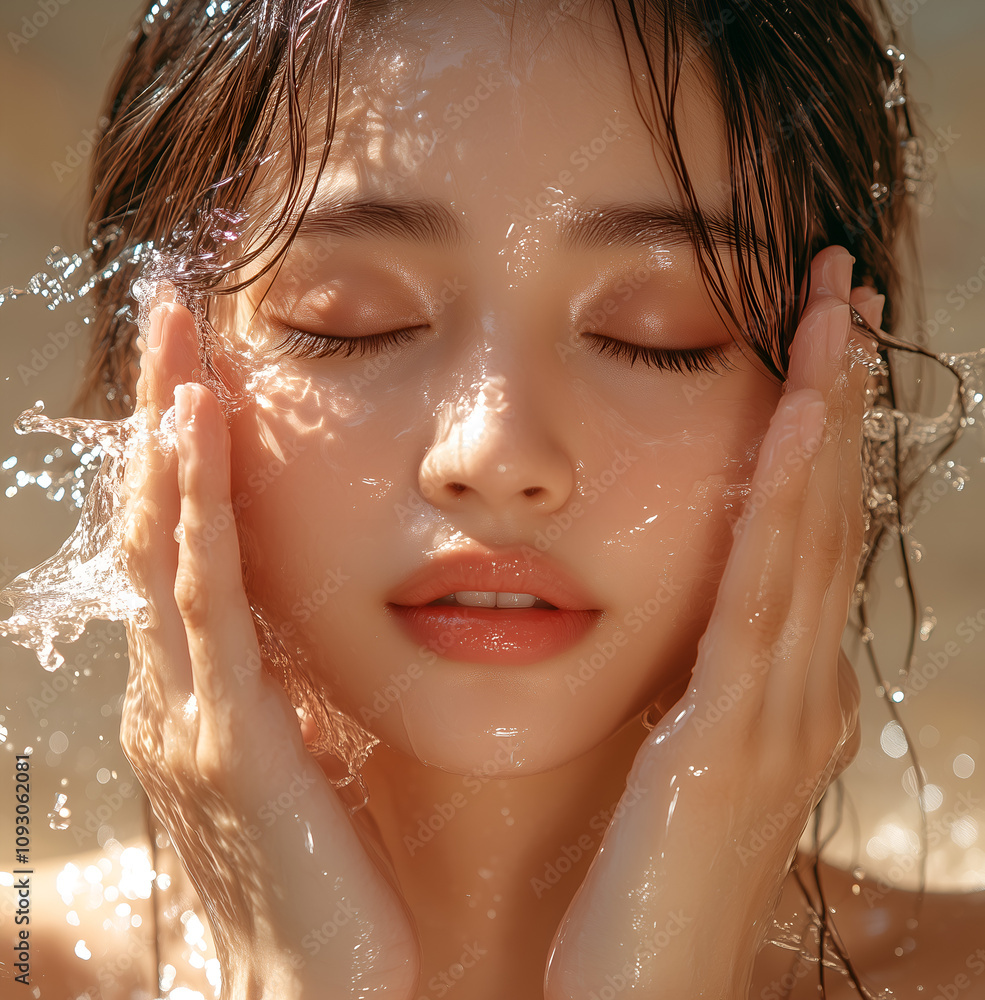 photo of an Asian woman with her eyes closed, holding both hands against the face and gently applying water to wet skin on one side of his chin photo of an Asian woman with her eyes closed, holding both hands against the face and gently applying water to wet skin on one side of his chin