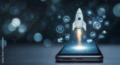Rocket launching from smartphone screen with digital icons in an innovative technology concept
