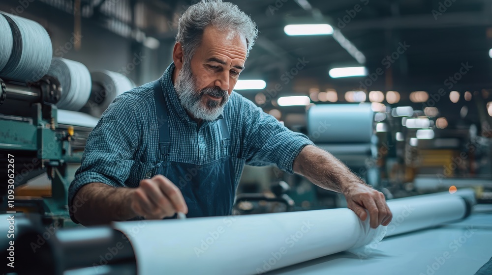 Experienced craftsman working diligently in a busy paper manufacturing facility, showcasing skill and dedication to quality craftsmanship in industrial production. Experienced craftsman working diligently in a busy paper manufacturing facility, showcasing skill and dedication to quality craftsmanship in industrial production.