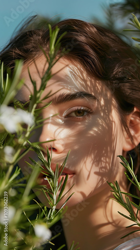 Healthy Glowing Skin with Rosemary Extract in a Mediterranean Garden, Surrounded by Fresh Rosemary Sprigs and Natural Beauty photo