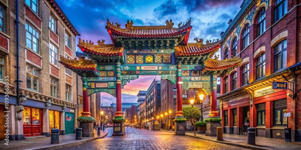 Pagoda Style Gate in Manchester's Chinatown: A Vibrant Cultural Landmark Surrounded by Colorful Lanterns and Intricate Architectural Details, Capturing the Essence of Asian Heritage Pagoda Style Gate in Manchester's Chinatown: A Vibrant Cultural Landmark Surrounded by Colorful Lanterns and Intricate Architectural Details, Capturing the Essence of Asian Heritage