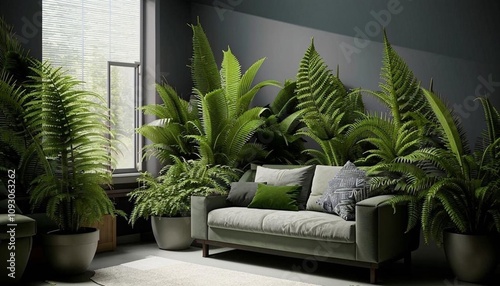 A depiction of ferns situated in the corner of a living room, contributing to the room's decor with a touch of greenery. AI generated. photo