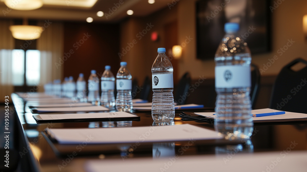 A professional setup for a business seminar in a hotel conference room, featuring a table with plastic water bottles, drinking glasses, pencils, and a notepad on each place setting A professional setup for a business seminar in a hotel conference room, featuring a table with plastic water bottles, drinking glasses, pencils, and a notepad on each place setting