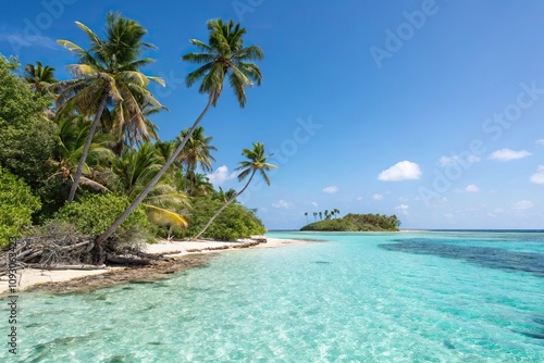 A stunning view of a tropical island with palm trees crystal clear waters and a blue sky, paradise, scenery, palm trees, breathtaking, tropical