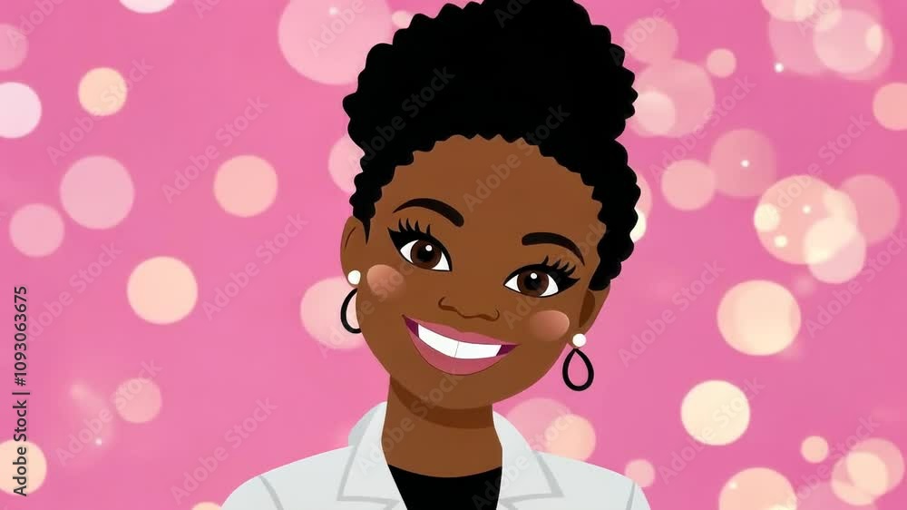 Smiling cartoon woman with sparkling pink background Smiling cartoon woman with sparkling pink background