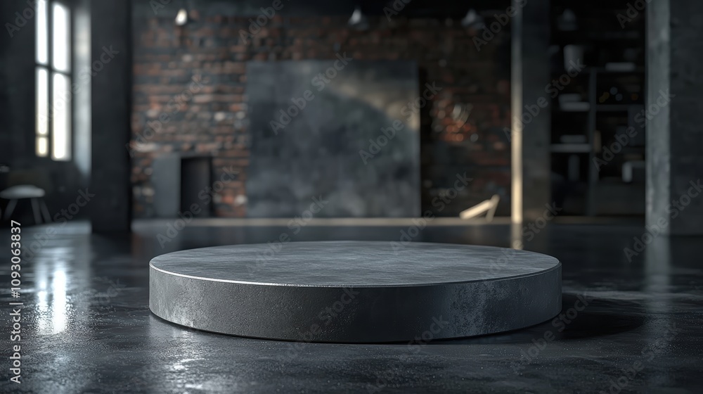 Fototapeta premium Sleek Round Concrete Platform in Modern Industrial Studio with Exposed Brick Walls and Soft Lighting, Ideal for Showcasing Products or Artworks in a Contemporary Setting