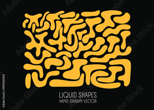 Yellow Liquid organic shapes, on black background, poster. Vector hand drawing.