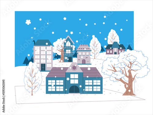 Villages winter season snowy town countryside downtown houses apartment resort nature scene forest snowflakes traditional buildings architecture wallpaper pattern colorful icon set design collection