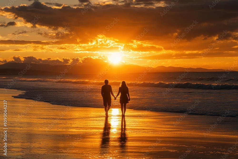 Fototapeta premium Couple Walking Hand In Hand At Sunset Beach