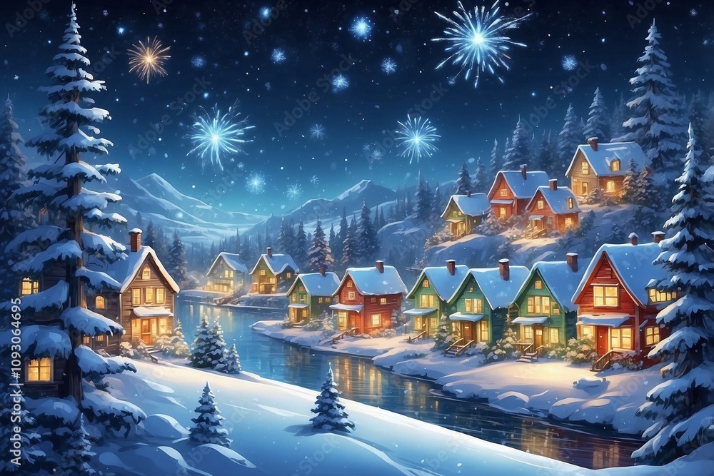Fototapeta premium Snowy Night Scene Featuring Cute Houses and Christmas Trees
