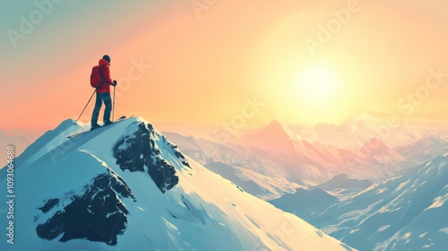 Skier on Mountain Peak with Bright Sunlight View