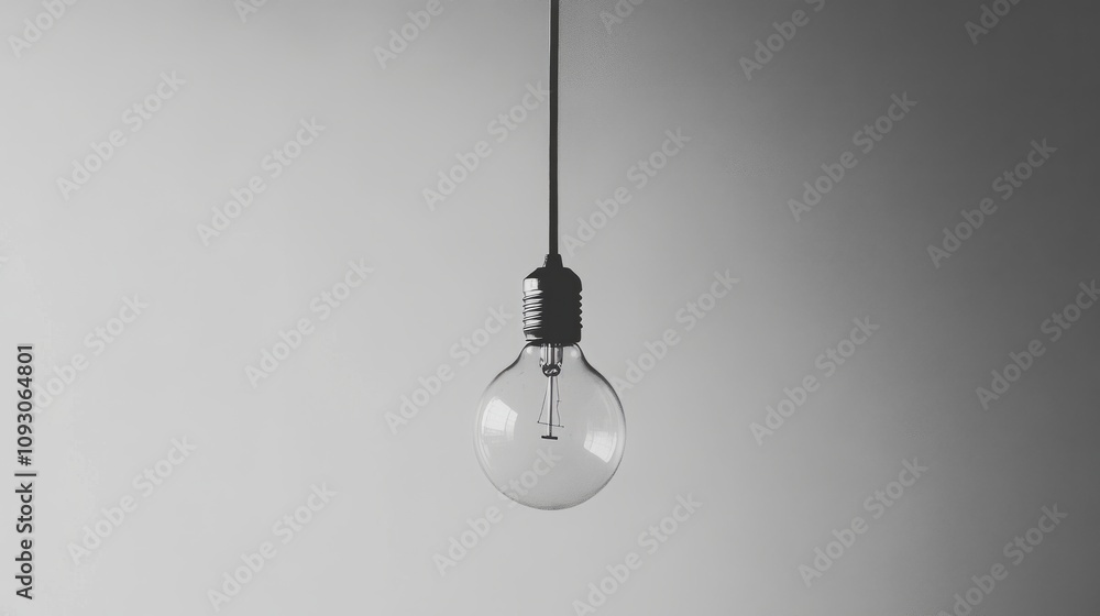 A light bulb with visible filament, hanging from a wire, sharply contrasted against a smooth white surface A light bulb with visible filament, hanging from a wire, sharply contrasted against a smooth white surface