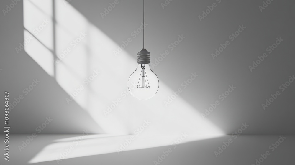 A light bulb with visible filament, hanging from a wire, sharply contrasted against a smooth white surface A light bulb with visible filament, hanging from a wire, sharply contrasted against a smooth white surface