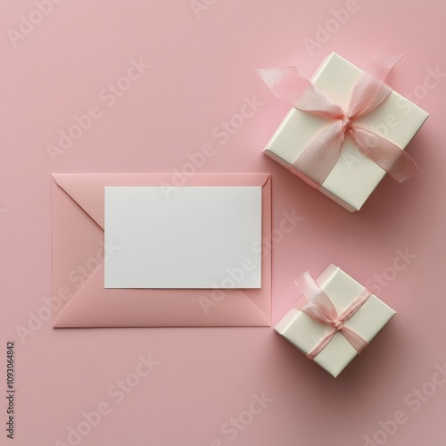 Thoughtful gift arrangement with blank card on pink background for special occasions