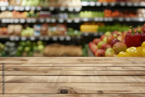 an empty wooden table for displaying products and goods, a supermarket on a blurred background, a department with vegetables and fruits, an eco-shop, a horizontal banner, copy space, free space photo