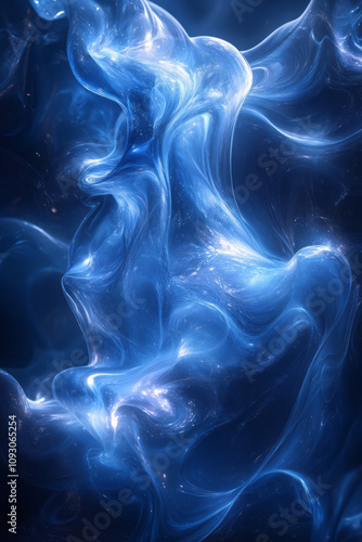 A captivating scene of blue and black fluid shapes merging and diverging, illuminated by a gradient light that creates a sense of motion and energy,