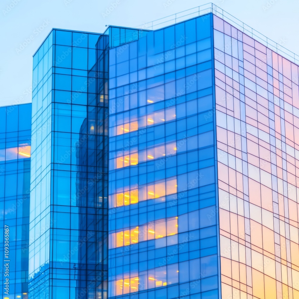 Modern glass skyscraper at sunset, reflecting warm light. Modern glass skyscraper at sunset, reflecting warm light.