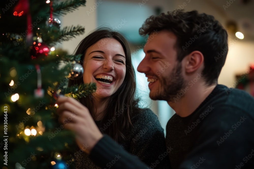 Fototapeta premium Happy Couple Decorating Christmas Tree Together