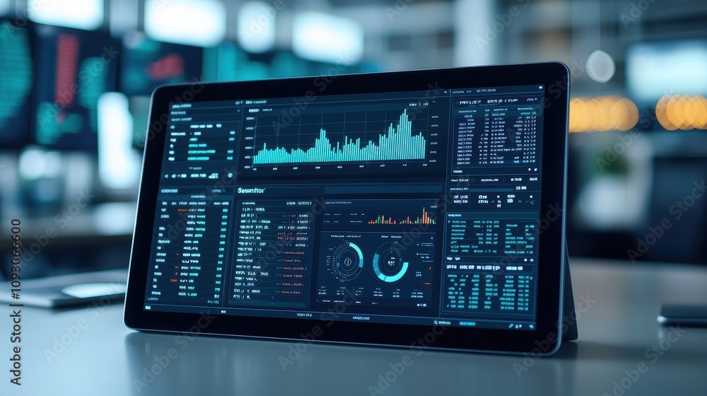 Modern Tablet Displaying Financial Data and Analytics in a Bright Office Environment with Graphs, Charts, and Performance Indicators for Business Insights Modern Tablet Displaying Financial Data and Analytics in a Bright Office Environment with Graphs, Charts, and Performance Indicators for Business Insights