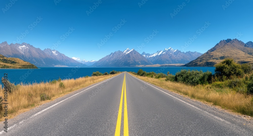 Scenic highway along Lake Atitlan with mountains under clear blue sky in Guatemala Scenic highway along Lake Atitlan with mountains under clear blue sky in Guatemala
