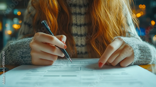 Wallpaper Mural Young woman filling out forms with a black pen in a cozy environment. Focused and detailed Torontodigital.ca