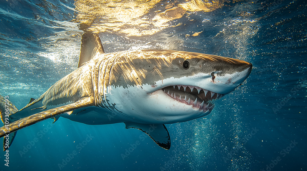 Naklejka premium Giant great white shark underwater in the deep sea
