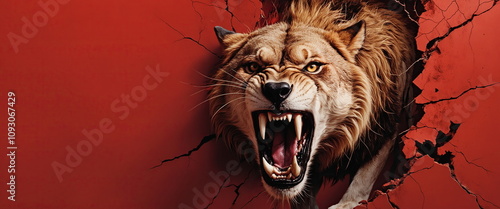 A roaring lion bursting through a cracked red wall, with a furious expression on its face and sharp teeth