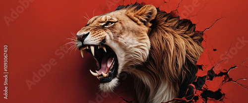 A roaring lion bursting through a cracked red wall, with a furious expression on its face and sharp teeth