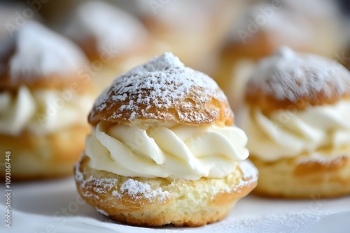 Cream puffs filled with pastry cream and sprinkled with powder.