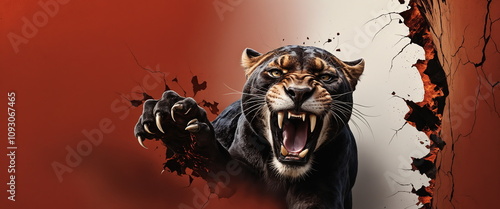 A roaring pantera bursting through a cracked red and white wall, with a furious expression on its face and sharp teeth
