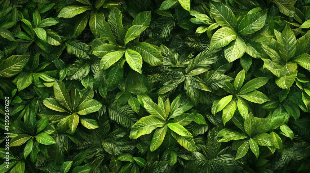 An intricate display of varied tropical leaves, each with unique patterns and shades of green, creating a dense, lush foliage background that exudes vibrant life. An intricate display of varied tropical leaves, each with unique patterns and shades of green, creating a dense, lush foliage background that exudes vibrant life.