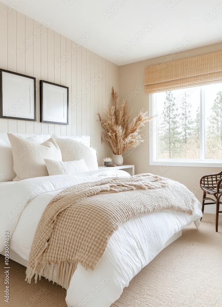 Cozy modern bedroom featuring neutral decor and natural elements Cozy modern bedroom featuring neutral decor and natural elements