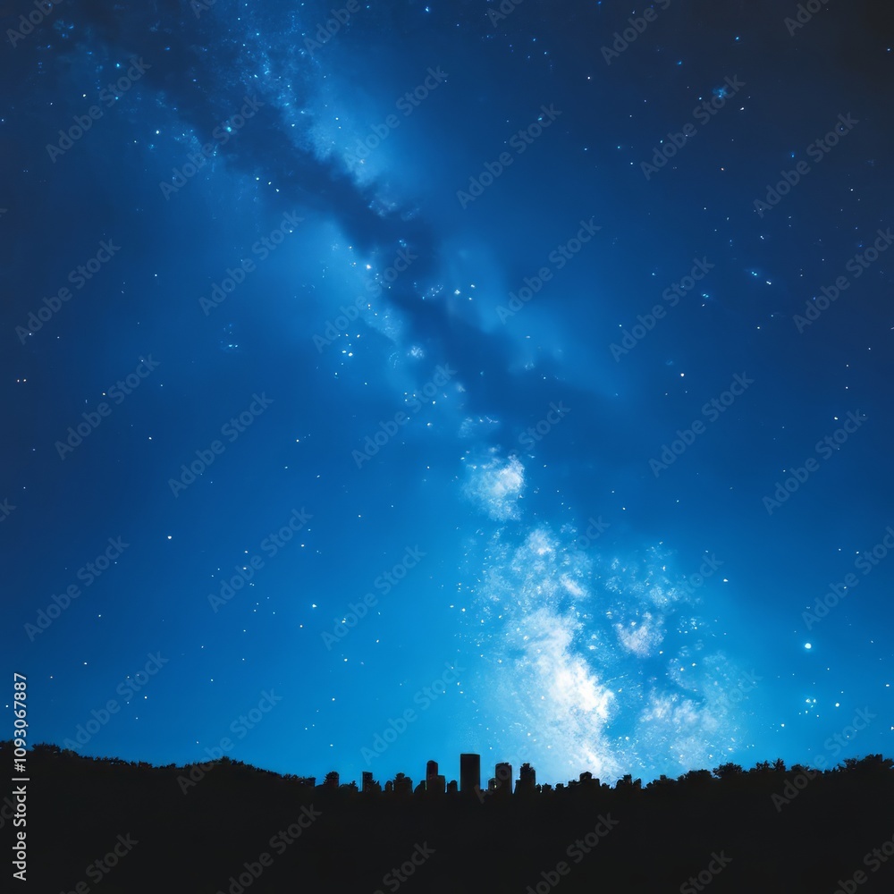 Night sky cityscape with the Milky Way galaxy. Night sky cityscape with the Milky Way galaxy.