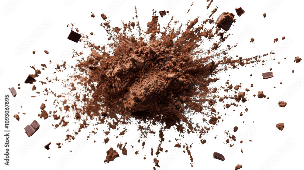 Finely ground chocolate powder scatters outward, suspended in air over white. Finely ground chocolate powder scatters outward, suspended in air over white.