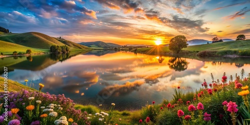 Wallpaper Mural Panoramic Landscape Depicting Symbols of Peace and Love in Nature, Featuring a Serene Lake, Gentle Hills, Colorful Flowers, and a Vibrant Sunset Sky for Tranquil Ambiance Torontodigital.ca