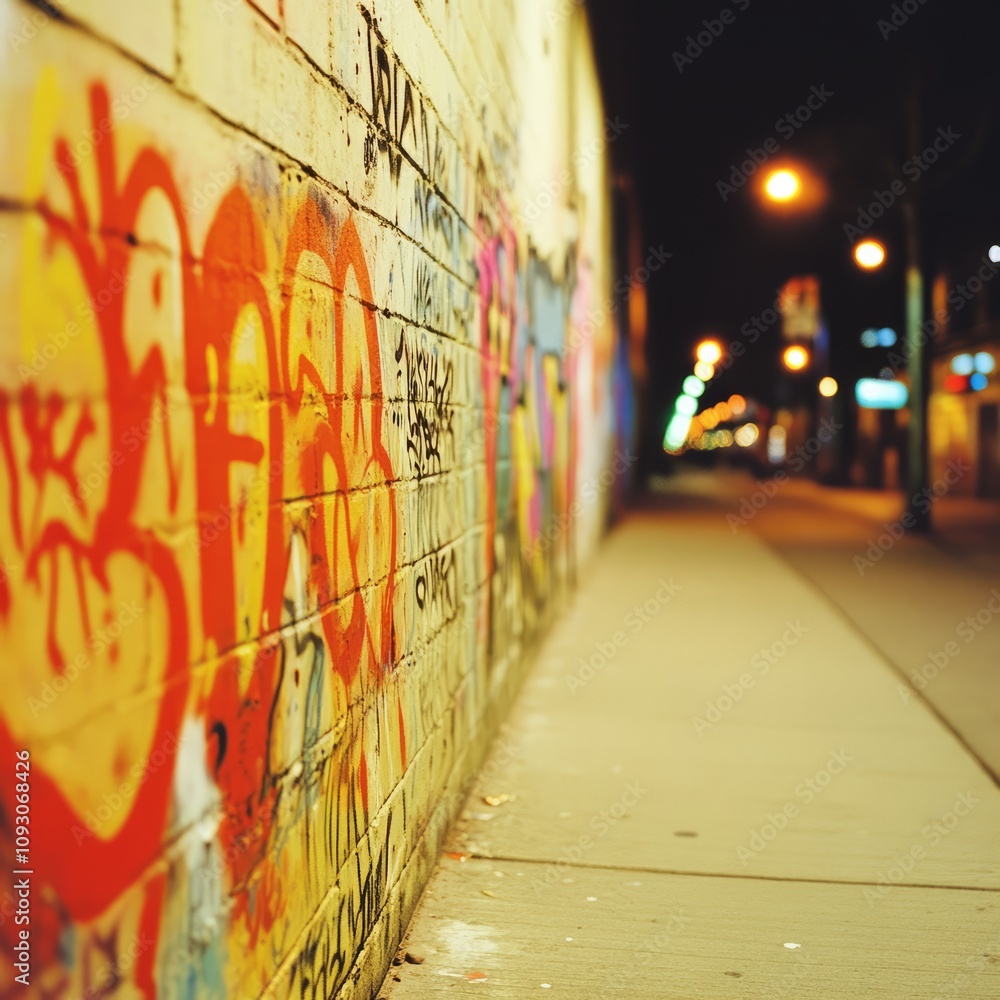 Fototapeta premium Night street scene with graffiti-covered brick wall.