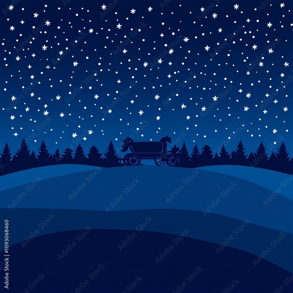 Night winter landscape with a horse-drawn carriage silhouette under a starry sky. Night winter landscape with a horse-drawn carriage silhouette under a starry sky.