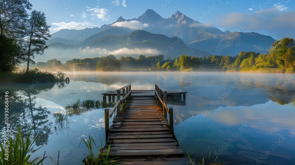 The photo highlights a misty morning over a calm lake with mountains reflecting in the water, Photography, National Geographic Style, spectacular backdrops, vivid visuals, an awe-inspiring collection, The photo highlights a misty morning over a calm lake with mountains reflecting in the water, Photography, National Geographic Style, spectacular backdrops, vivid visuals, an awe-inspiring collection,