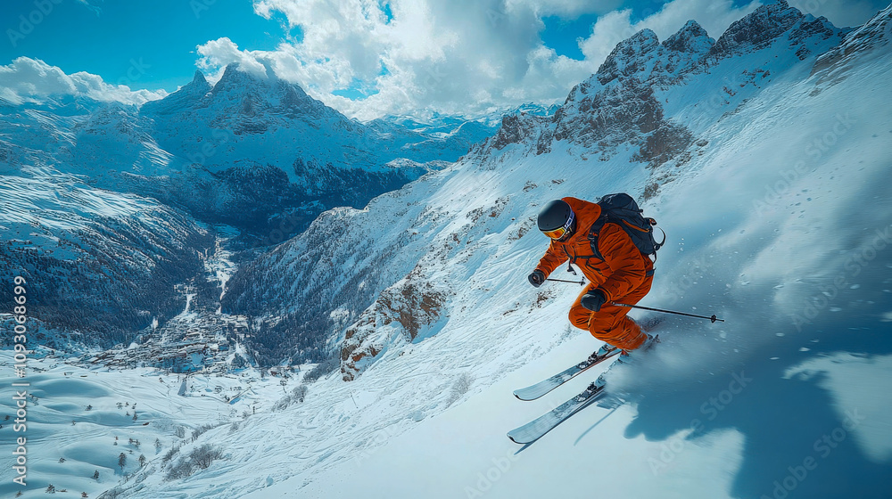 Skier carving through deep powder snow on a sunny mountain slope, wearing a vibrant red jacket and goggles Skier carving through deep powder snow on a sunny mountain slope, wearing a vibrant red jacket and goggles