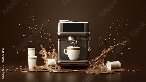 Dynamic espresso machine with coffee splash motion. photo