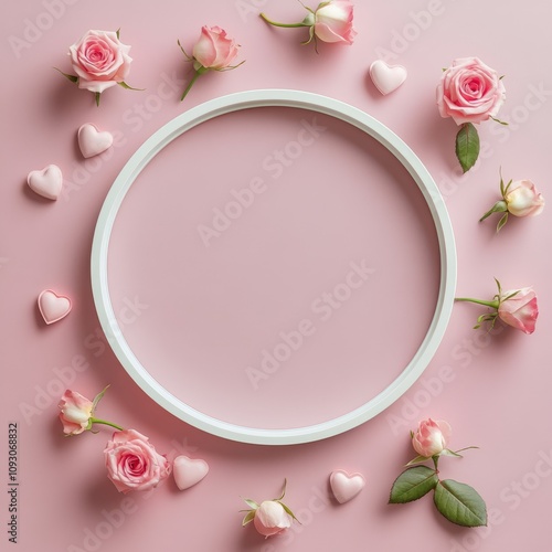 Floral arrangement with empty frame and romantic decorations for celebration or event planning