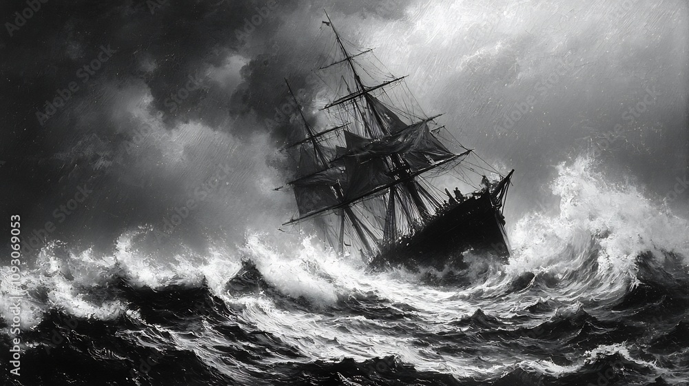 Obraz premium Powerful 19th century warship sailing through a raging storm its hull being battered by towering waves under a dark and ominous sky in a vintage black and white style
