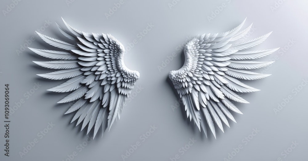 Obraz premium Elegant White Decorative Wings Crafted from Leaves on a Soft Gray Background