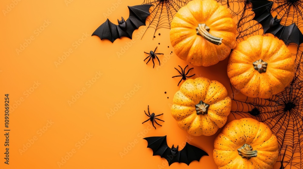 Autumn Decor with Bright Orange Pumpkins, Black Bats, and Spiders on a Vibrant Orange Background for Halloween Celebration and Festive Atmosphere Autumn Decor with Bright Orange Pumpkins, Black Bats, and Spiders on a Vibrant Orange Background for Halloween Celebration and Festive Atmosphere