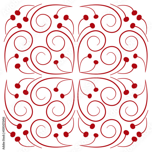 Square red design element of curved lines. Lacy red curls on a white background. Stylized branches with berries. Floral folklore northern style seamless ornament. Monochrome mosaic tile for your desig