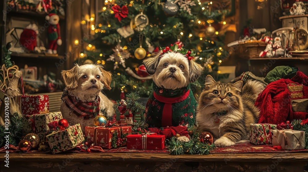 Festive Pets with Christmas Tree and Holiday Lights Festive Pets with Christmas Tree and Holiday Lights