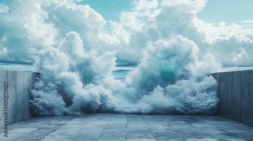 Fototapeta Naklejka Na Ścianę i Meble -  Blue ocean waves crashing into a rough concrete surface in a modern abstract concept 3d rendering