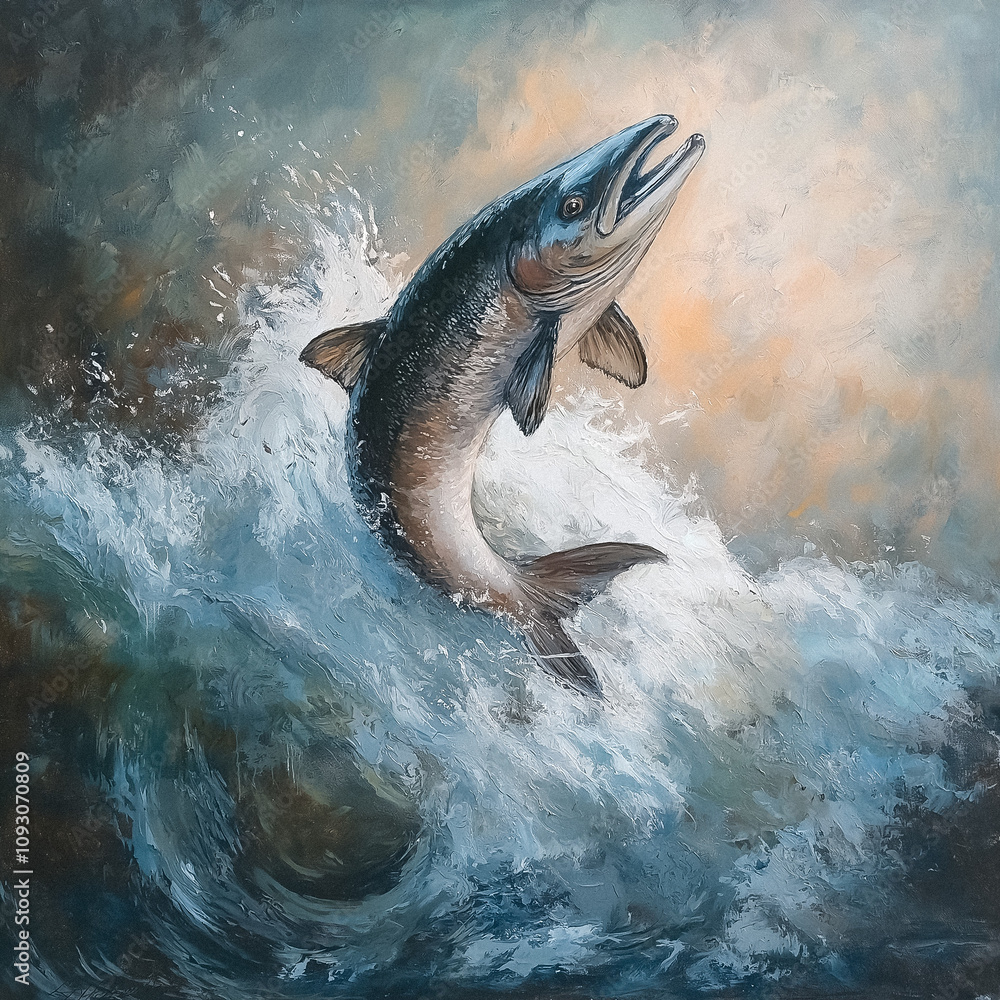 Fototapeta premium painting of a salmon jumping out the water