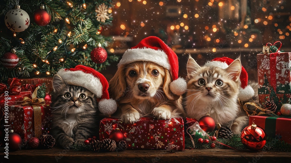 Holiday Pets Posing with Christmas Gifts Holiday Pets Posing with Christmas Gifts