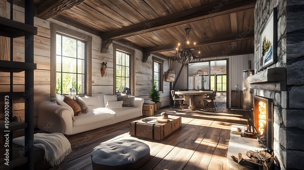 Fototapeta premium Rustic Cabin Living Room with Fireplace and Sunlight